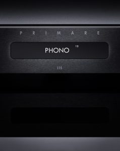 Primare I15MM integrated amplifier and MM phono stage front black close up
