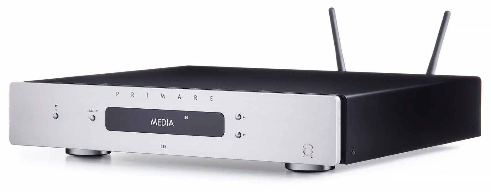 Primare I15 Prisma integrated amplifier and network player angle titanium